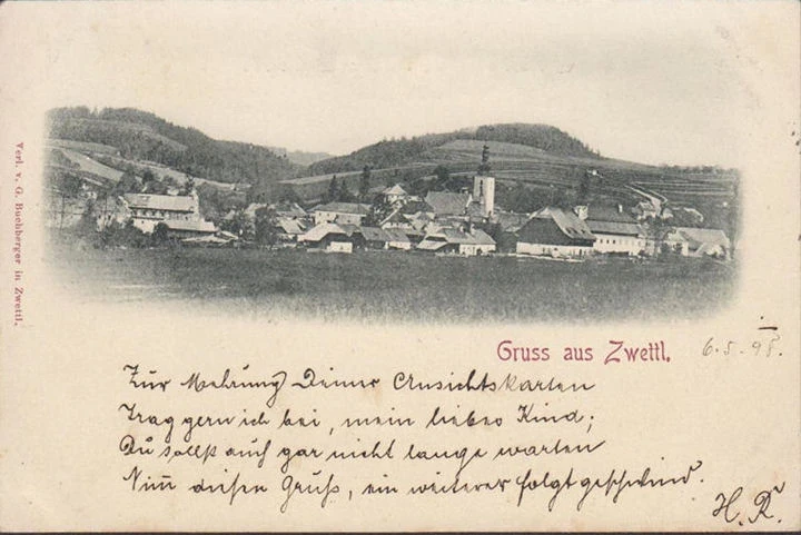 AK Gruss aus Zwettl, Stadtansicht mit Kirche, gelaufen 1898