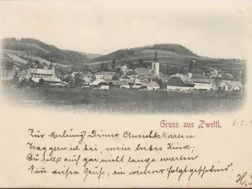 AK Gruss aus Zwettl, Stadtansicht mit Kirche, gelaufen 1898