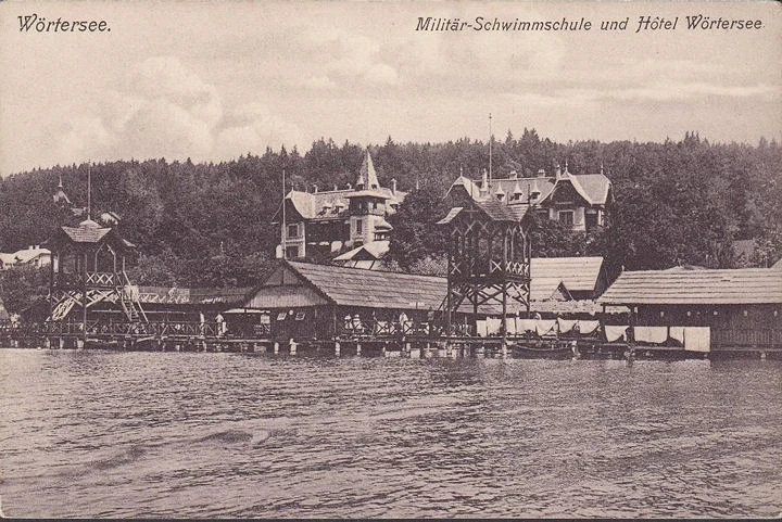 AK Klagenfurt, Militär Schwimmschule, Hotel Wöthersee, ungelaufen- datiert 1909