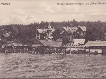 AK Klagenfurt, Militär Schwimmschule, Hotel Wöthersee, ungelaufen- datiert 1909