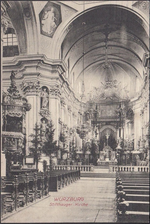 AK Würzburg, Stifthauer Kirche, Inneres und Altar, gelaufen 1913