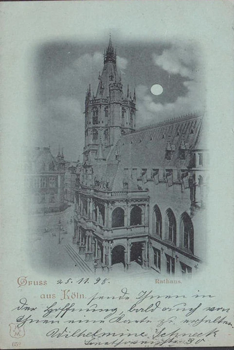 AK Köln, Rathaus, Mondschein, gelaufen 1898