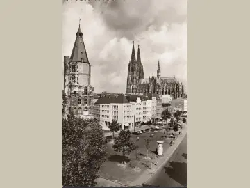 AK Köln, Alter Markt, Rathausturm, Litfaßsäule, gelaufen