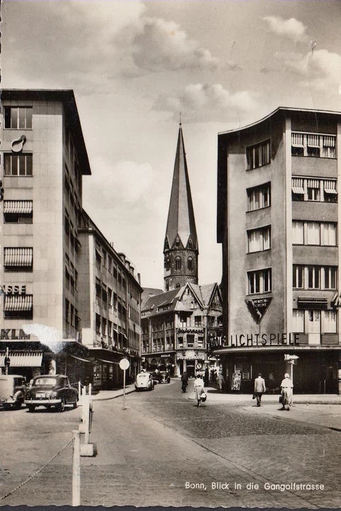 AK Bonn, Blick in die Gangolfstraße, Lichtspiele, KLM, gelaufen 1956