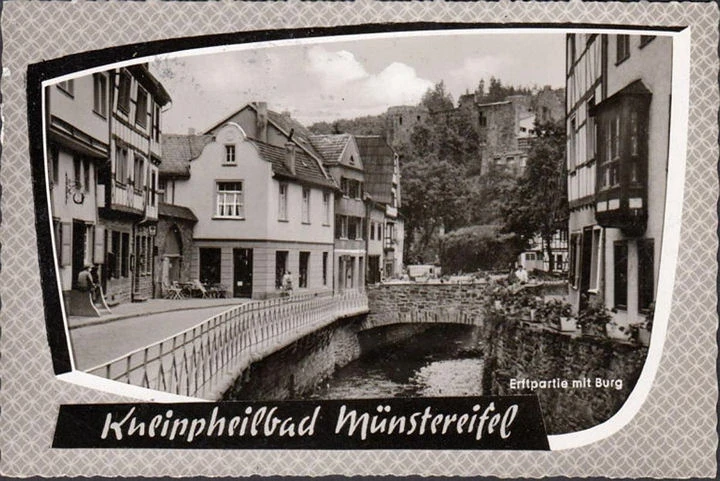 AK Münstereifel, Erftpatie mit Burg, gelaufen 1962