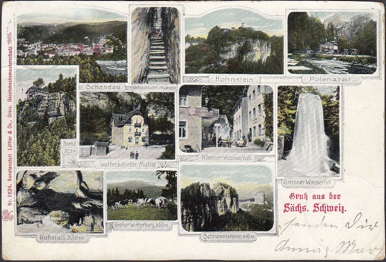 AK Gruss aus der Sächsischen Schweiz, Waltersdorfer Mühle, Polenztal, Wasserfall, gelaufen 1905