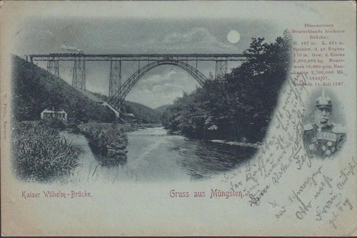 AK Gruss aus Müngsten, Kaiser Wilhelm Brücke, Mondschein, gelaufen 1898