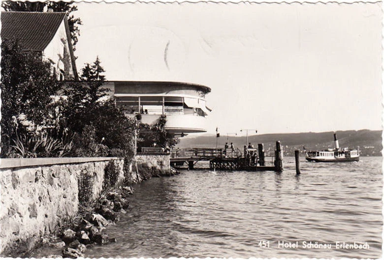 AK Schweiz, Zürichsee, Hotel Schönau Erlanbach, Dampfer, Bootsanlegestelle, gelaufen 1946