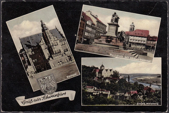 AK Schweinfurt, Rathaus, Marktplatz, Denkmal, gelaufen 1958