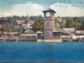 AK Wörthersee, Militär Schwimmschule, 10. Kompanie Klagenfurt, gelaufen 1913