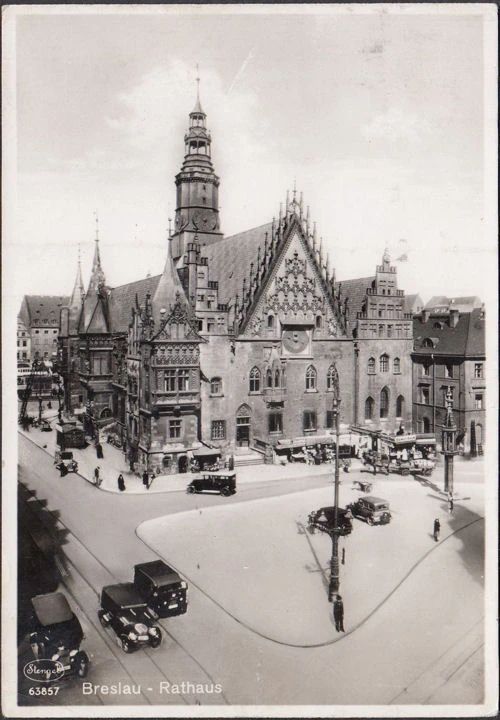 AK Breslau, Rathaus, Marktstände, Bratwurst Baude, gelaufen 1937