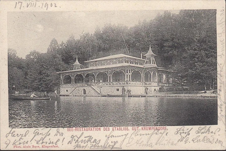 AK Krumpendorf, Seerestauration des Etablissement Gut Krumpendorf, Rechteckstempel, gelaufen 1902