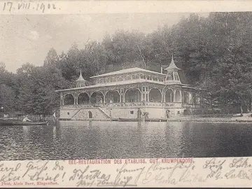 AK Krumpendorf, Seerestauration des Etablissement Gut Krumpendorf, Rechteckstempel, gelaufen 1902