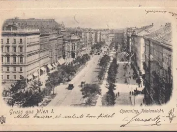 AK Gruss aus Wien, Opernring, Passepartout, gelaufen 1900