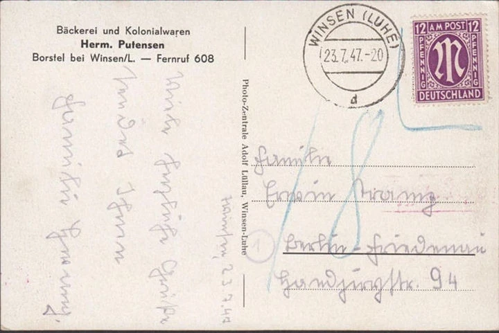 AK Gruß aus Borstel bei Winsen, Bäckerei und Kolonialwarenhandel, Hermann Putensen, gelaufen 1947