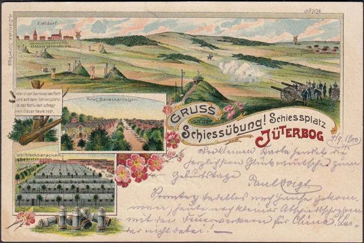 AK Gruss von der Schiessübung, Jüterbog, Zieldorf, Barackenllager, Litho, gelaufen 1900