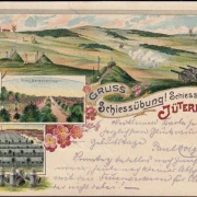 AK Gruss von der Schiessübung, Jüterbog, Zieldorf, Barackenllager, Litho, gelaufen 1900