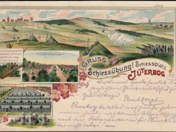 AK Gruss von der Schiessübung, Jüterbog, Zieldorf, Barackenllager, Litho, gelaufen 1900