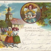 AK Grusss aus dem Spreewald, Kirchgang in Burg, Die Bank, Litho, gelaufen 1898