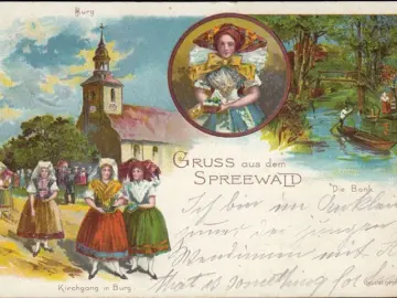 AK Grusss aus dem Spreewald, Kirchgang in Burg, Die Bank, Litho, gelaufen 1898