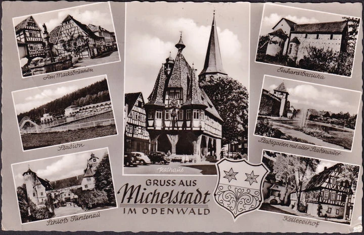 AK Michelstadt, Stadion, Marktbrunnen, Rathaus, Basilika, Kellereihof, gelaufen 1960