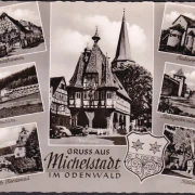 AK Michelstadt, Stadion, Marktbrunnen, Rathaus, Basilika, Kellereihof, gelaufen 1960