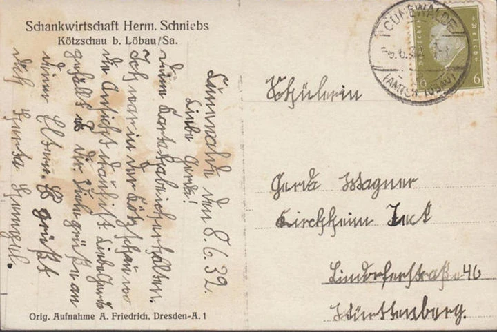 AK Kötzschau, Schankwirtschaft Hermann Schniebs, gelaufen 1932