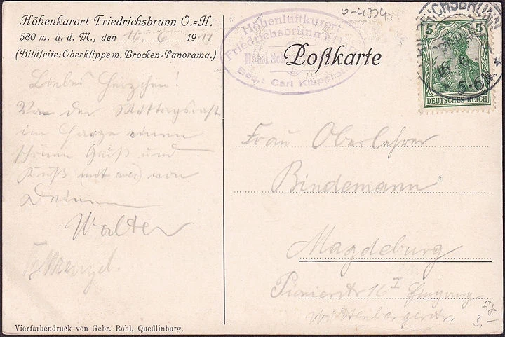 AK Friedrichsbrunn, Oberklippe mit Brocken Panorama, gelaufen 1911