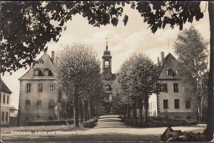 AK Elsterwerda, Schloss und Oberschule, gelaufen 1958