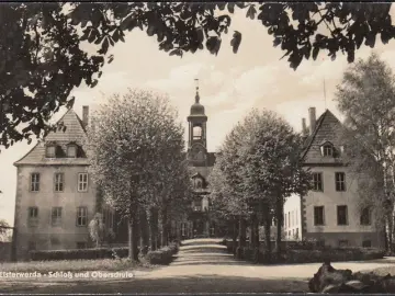 AK Elsterwerda, Schloss und Oberschule, gelaufen 1958