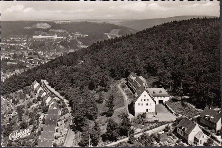 AK Siegen, Theodor Kessler Heim, Bahnpost, Fliegeraufnahme, gelaufen 1956