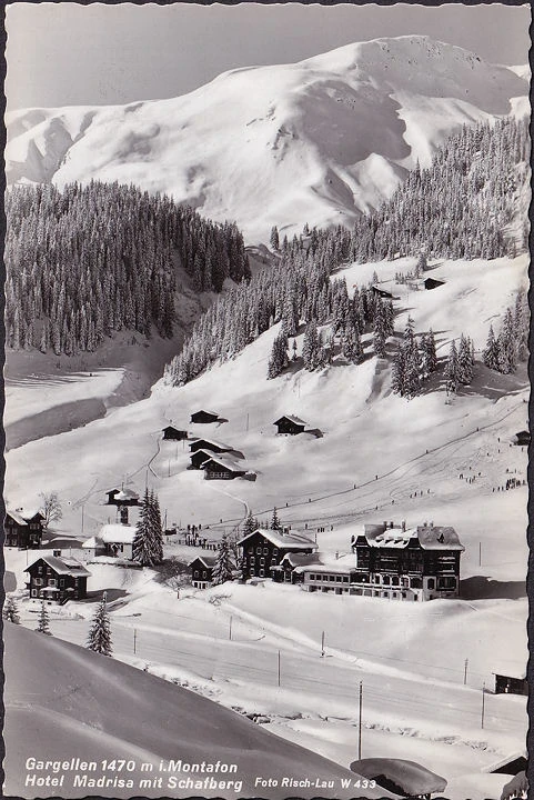 AK Gargellen, Hotel Madrisa mit Schafberg im Winter, ungelaufen