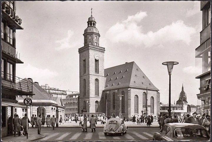 AK Frankfurt a. Main, Hauptwache, Kirche, Kohlschänke, Schwille, gelaufen 1958