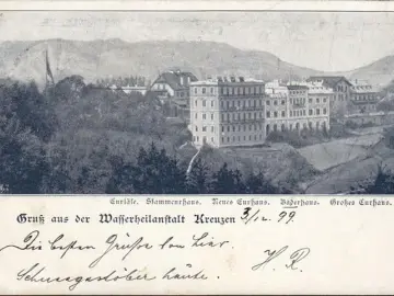 AK Gruss aus der Wasserheilanstalt Kreuzen, gelaufen 1899