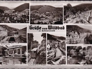 AK Bad Wildbad, Kurpark, Trinkhalle, Schwimmbad, Olgastraße, gelaufen 1962