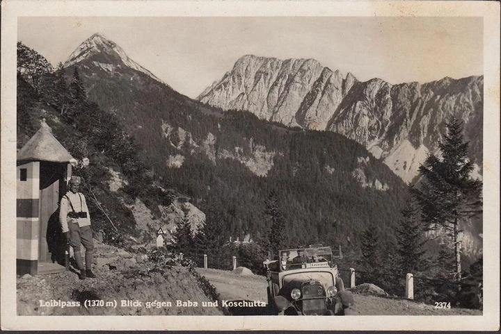 AK Loiblpass, Blick gegen Baba und Koschutta, Auto, Grenzer, gelaufen 1935