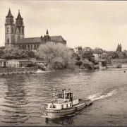 AK Magdeburg, Dom, Elbe und Schlepper, gelaufen 1976