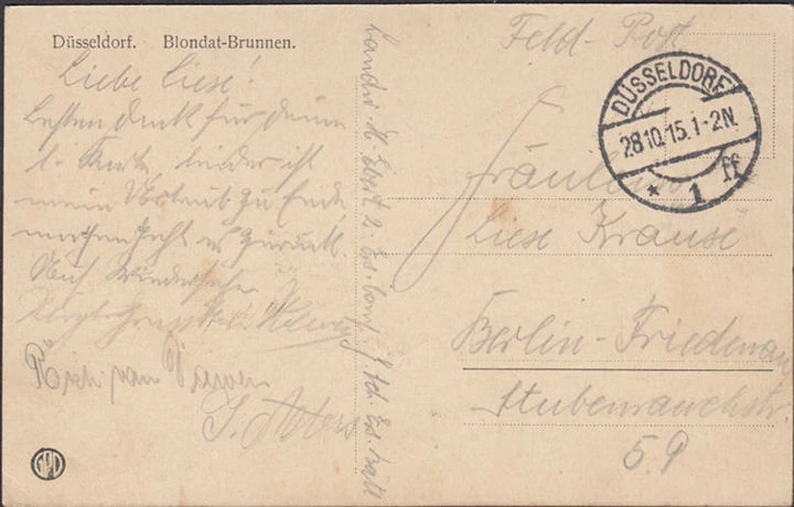 AK Düsseldorf, Blondat Brunnen, Feldpost, gelaufen 1915