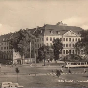 AK Halle (Saale), Franckesche Stiftung, Straßenbahn, gelaufen 1963