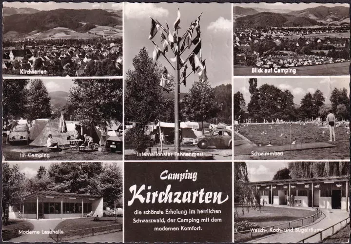 AK Kirchzarten, Camping, Lesehalle, Fahnenmast, Schwimmbad, gelaufen 1961