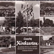 AK Kirchzarten, Camping, Lesehalle, Fahnenmast, Schwimmbad, gelaufen 1961