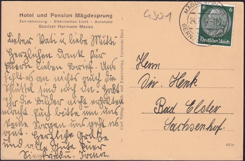 AK Mägdesprung, Kurhaus Meves, gelaufen 1939