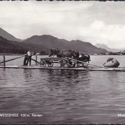 AK Am Weissensee, Pferdewagen auf Floss, Mehrfachfrankatur, gelaufen 1959