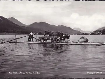 AK Am Weissensee, Pferdewagen auf Floss, Mehrfachfrankatur, gelaufen 1959