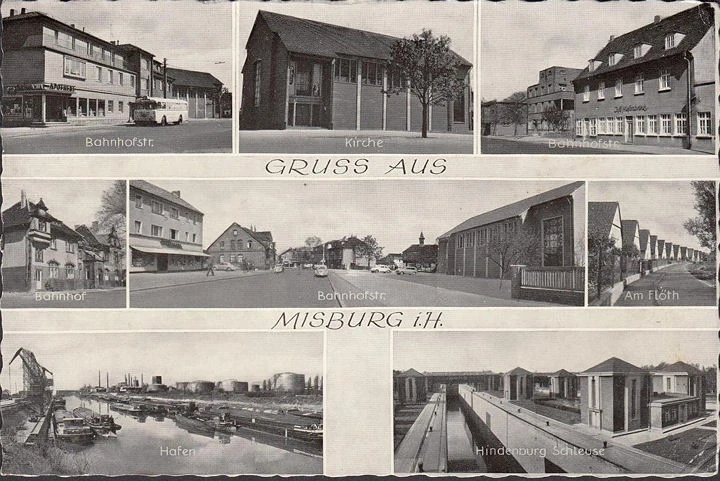 AK Gruss aus Misburg, Bahnhofstraße, Reisebus, Am Flöth, Hafen, Schleuse, gelaufen 1964