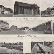 AK Gruss aus Misburg, Bahnhofstraße, Reisebus, Am Flöth, Hafen, Schleuse, gelaufen 1964