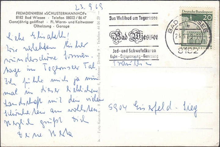 AK Bad Wiessee, Fremdenheim Schustermannhof, gelaufen 1969