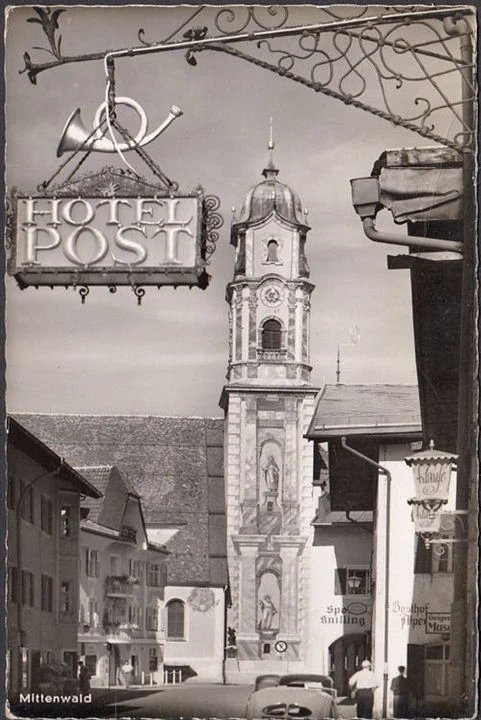 AK Mittenwald, Hotel Post, gelaufen 1957
