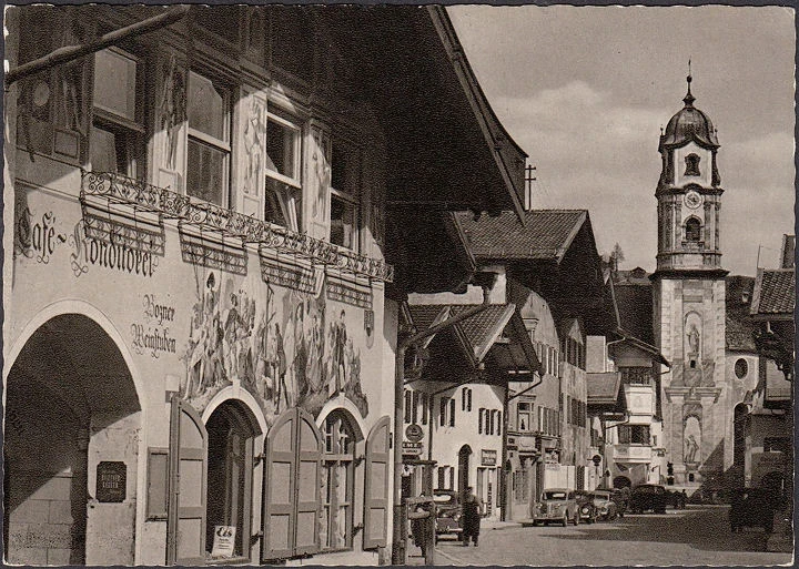 AK Mittenwald, Obermarkt, Pfarrkirche, Conditorei, Autos, ungelaufen