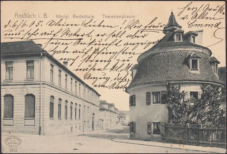 AK Ansbach, Königliche Realschule, Theresienstraße, gelaufen 1906